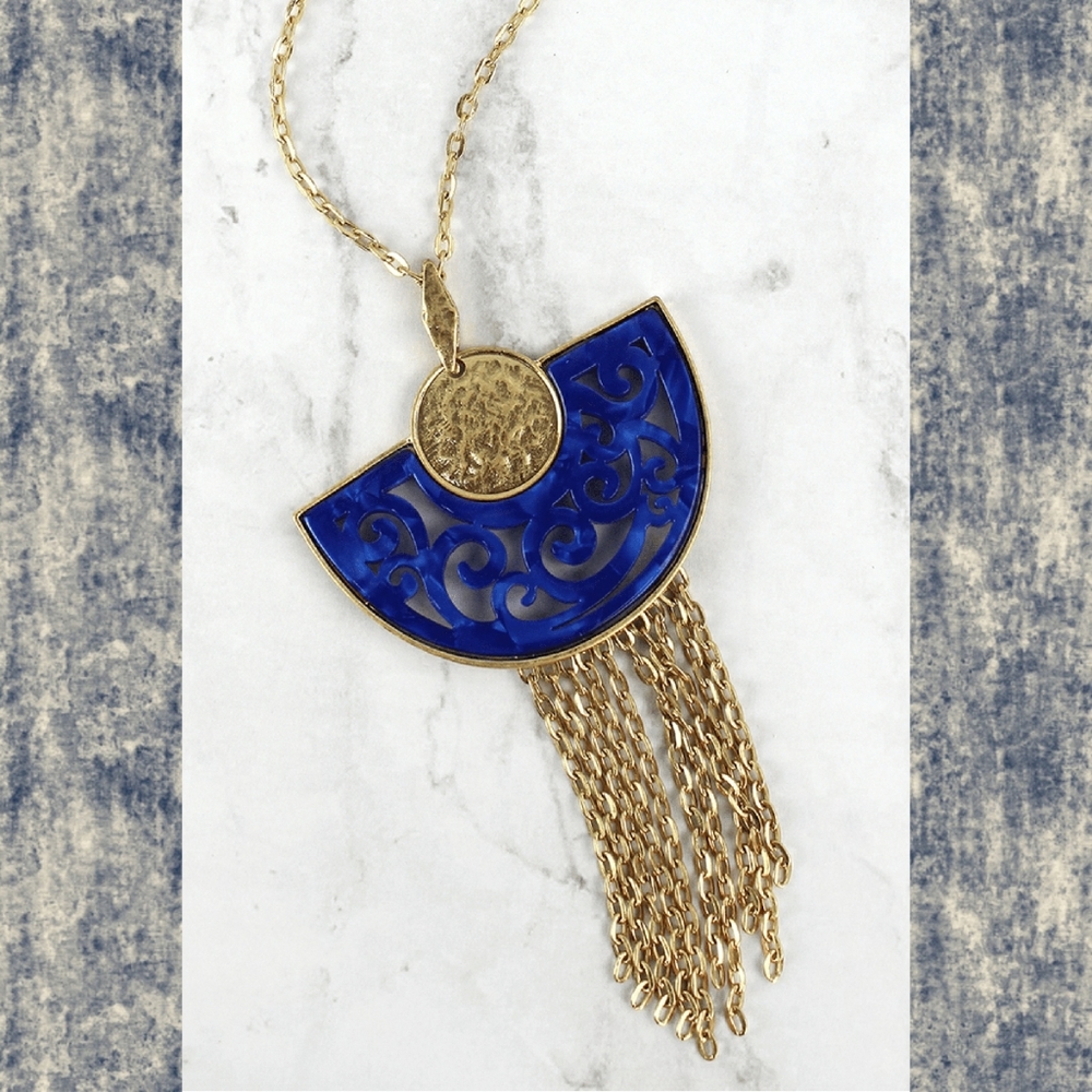 Boho Chic Filagree Resin Crescent Half Moon long chain Fringe statement necklace - Picture 5 of 11